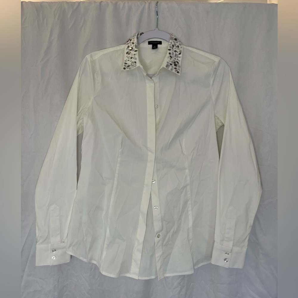 Ann Taylor Tailored White Button Down with Gemstone Collar